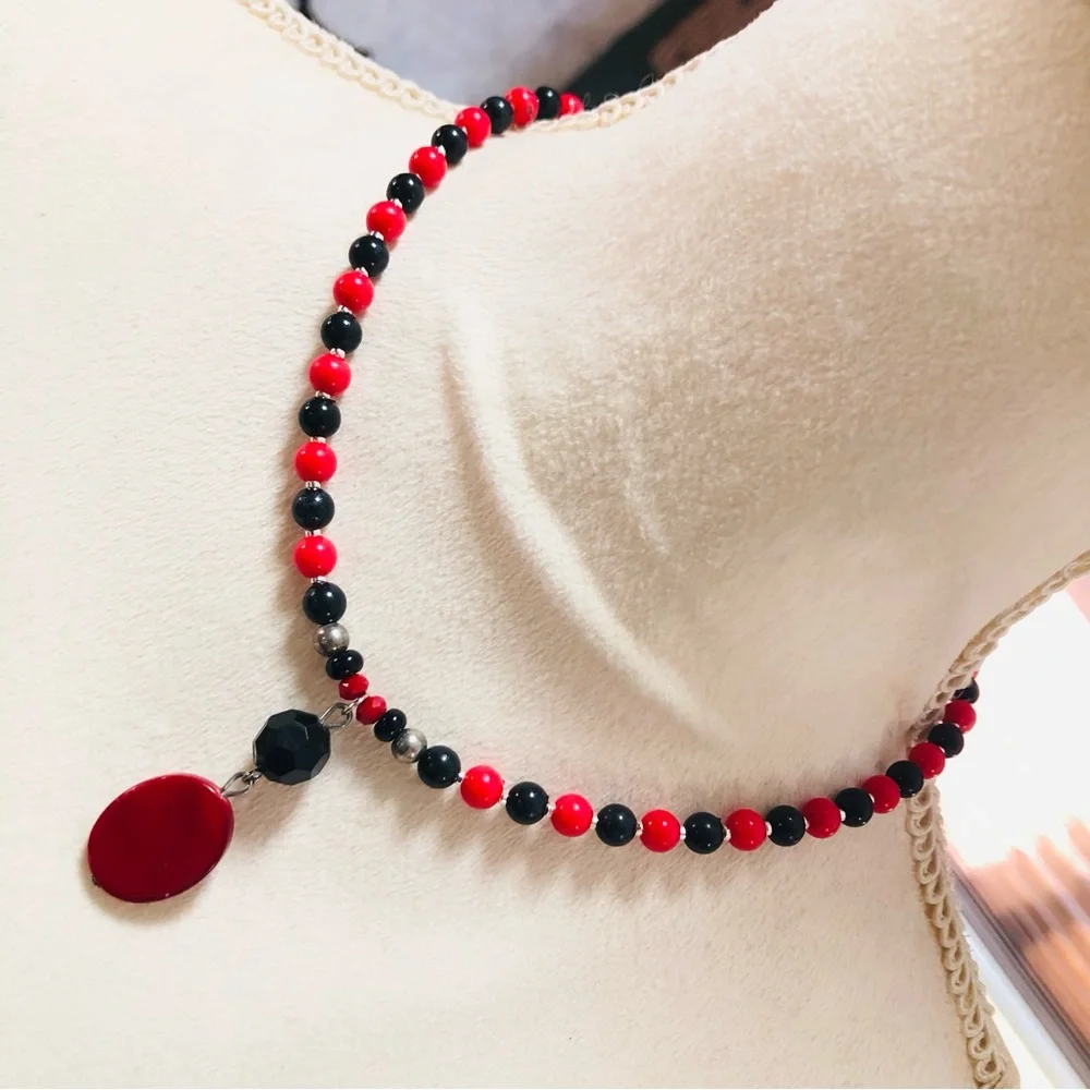 Handcrafted repurpose vintage red and black drop pendant beaded necklace
